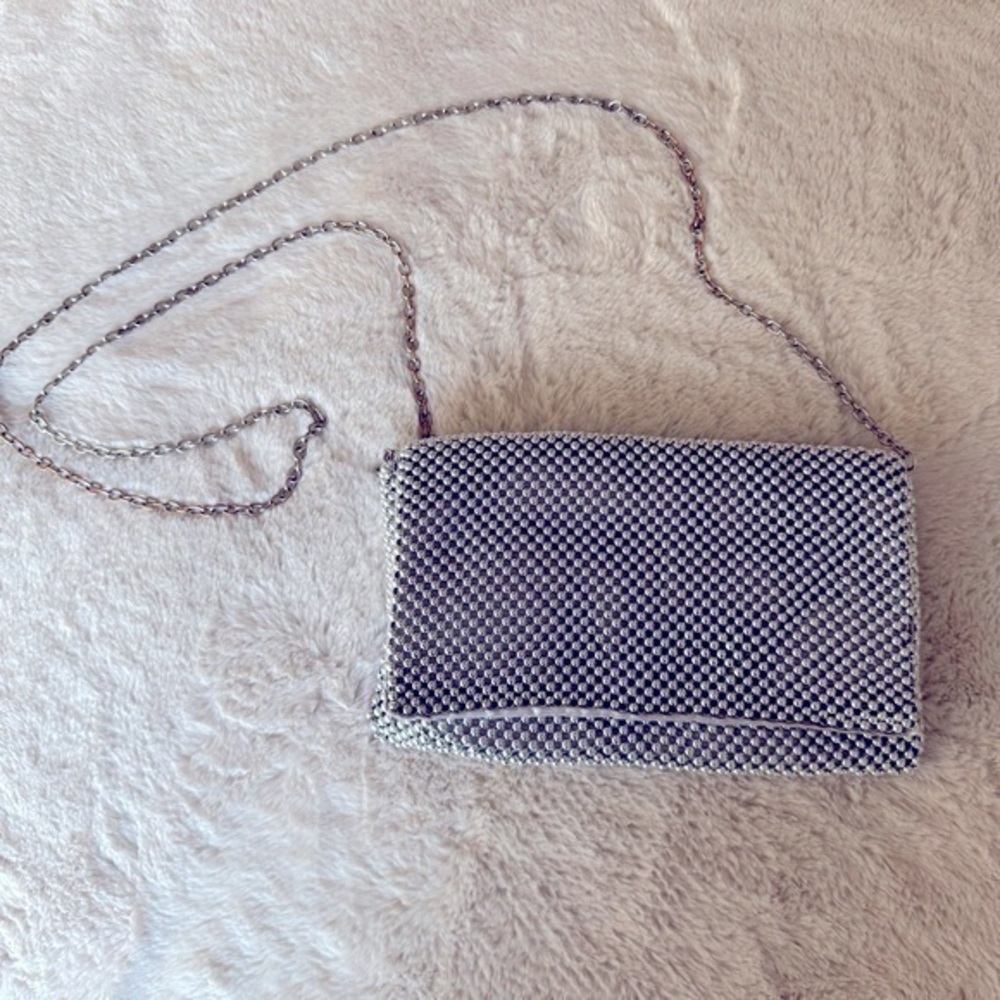 INC small silver beaded clutch with removable chain strap